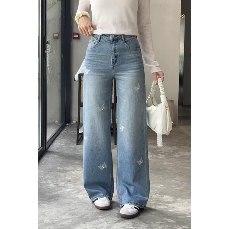 33562蓝色蝴蝶钉珠设计百搭休闲牛仔裤