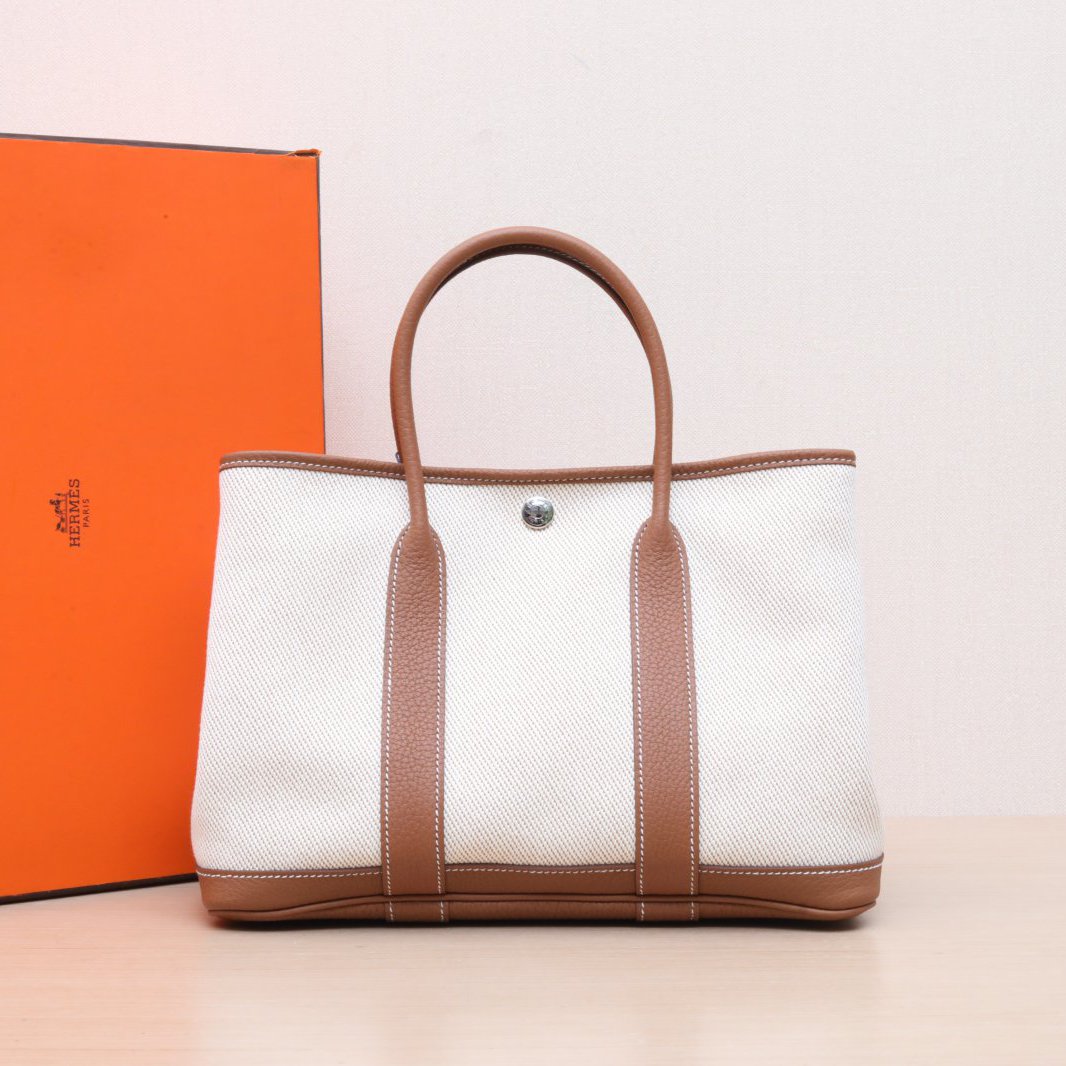 99新 Hermes/爱马仕 小花双双 花园包 30 米色拼色 帆布 Z刻 银扣