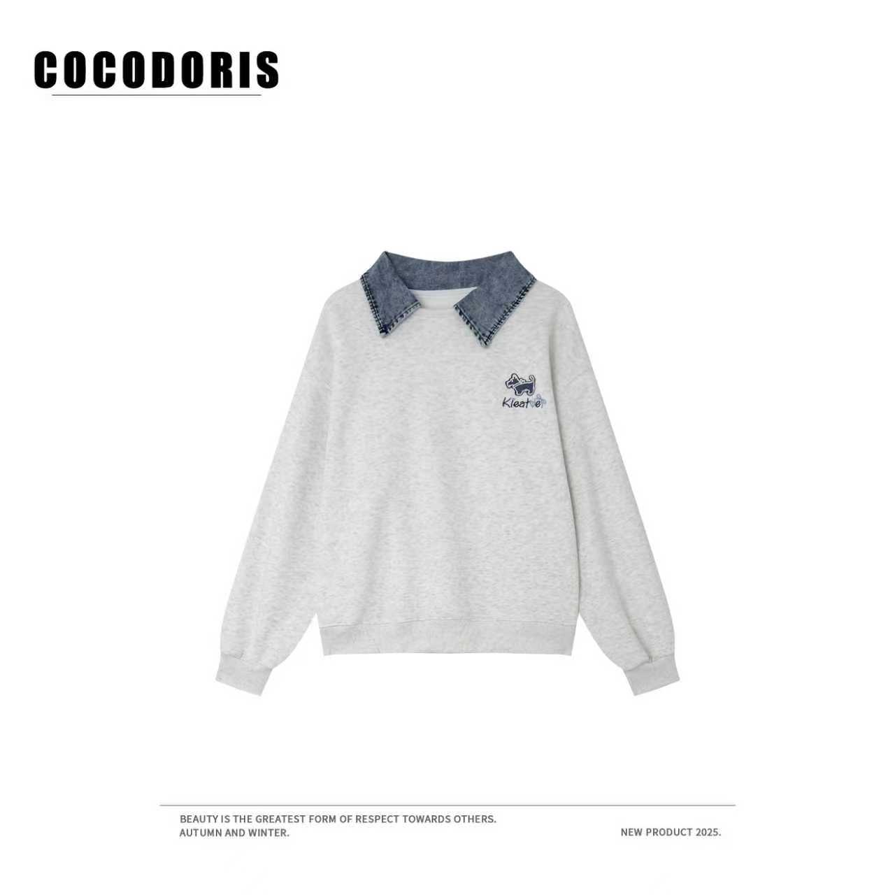 COCO DORIS 2025新款韩系可爱风拼接小狗刺绣翻领套头卫衣L817