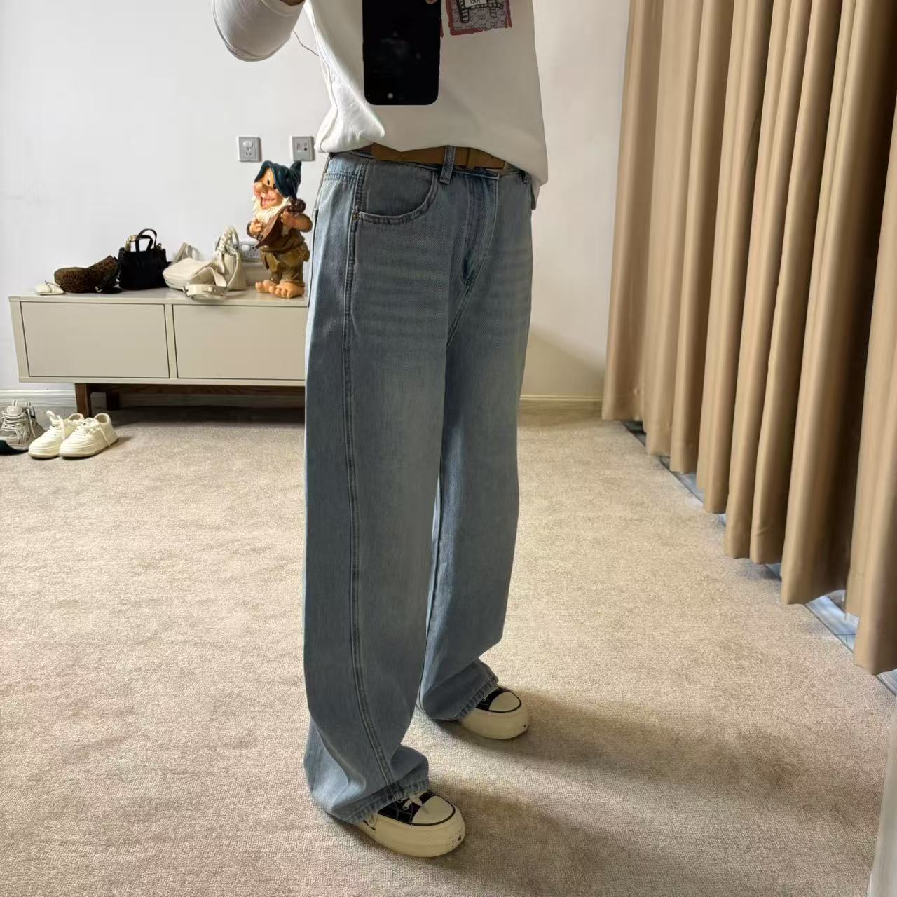 粗腿救星弯刀直筒显瘦牛仔裤水洗宽松