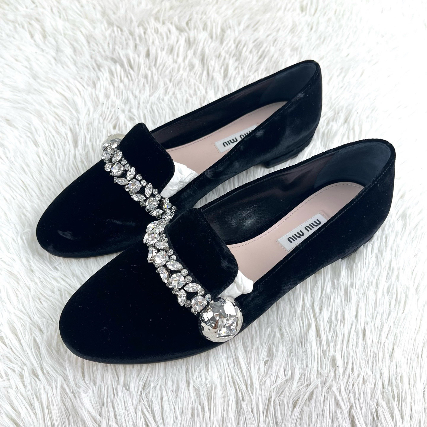 未使用 MIU MIU/缪缪 黑色绒面钻扣乐福鞋36码原盒