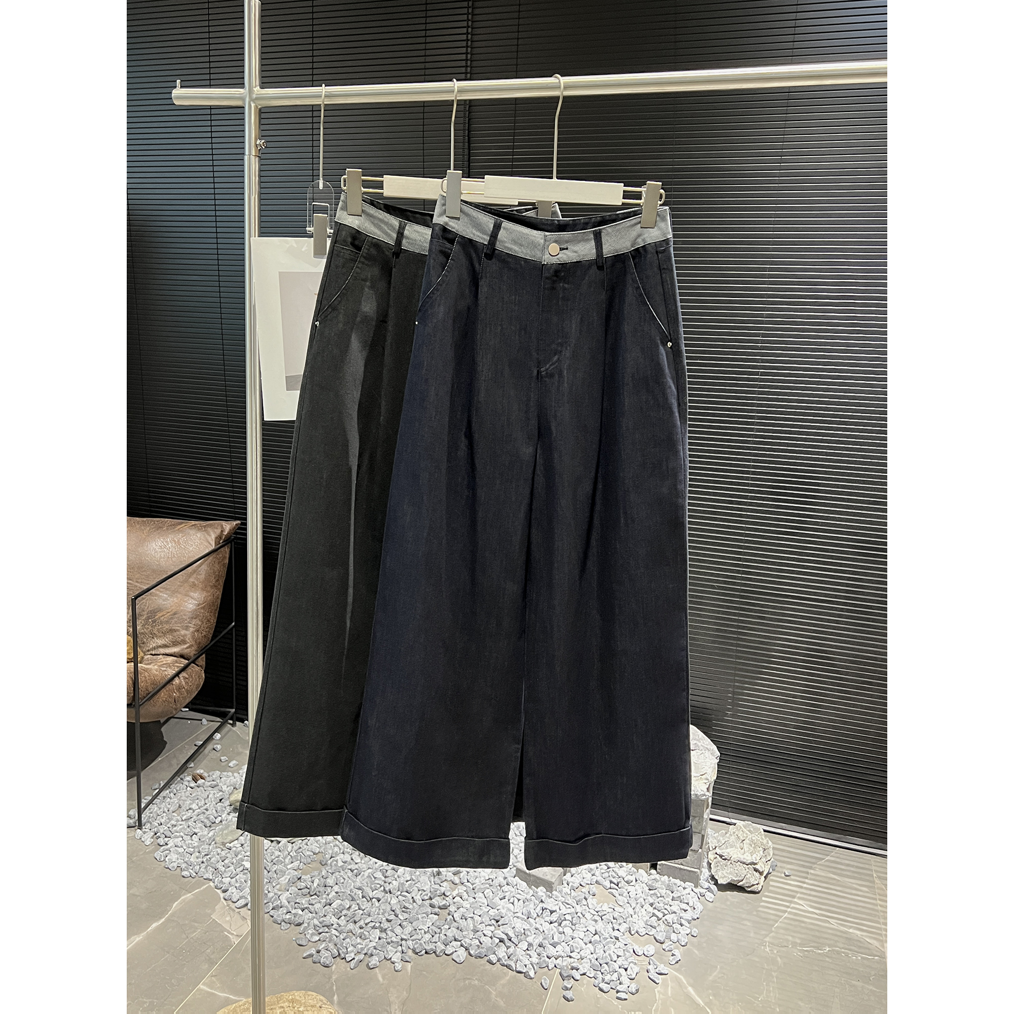 撞色裤腰 阔腿卷边裤7671（清）