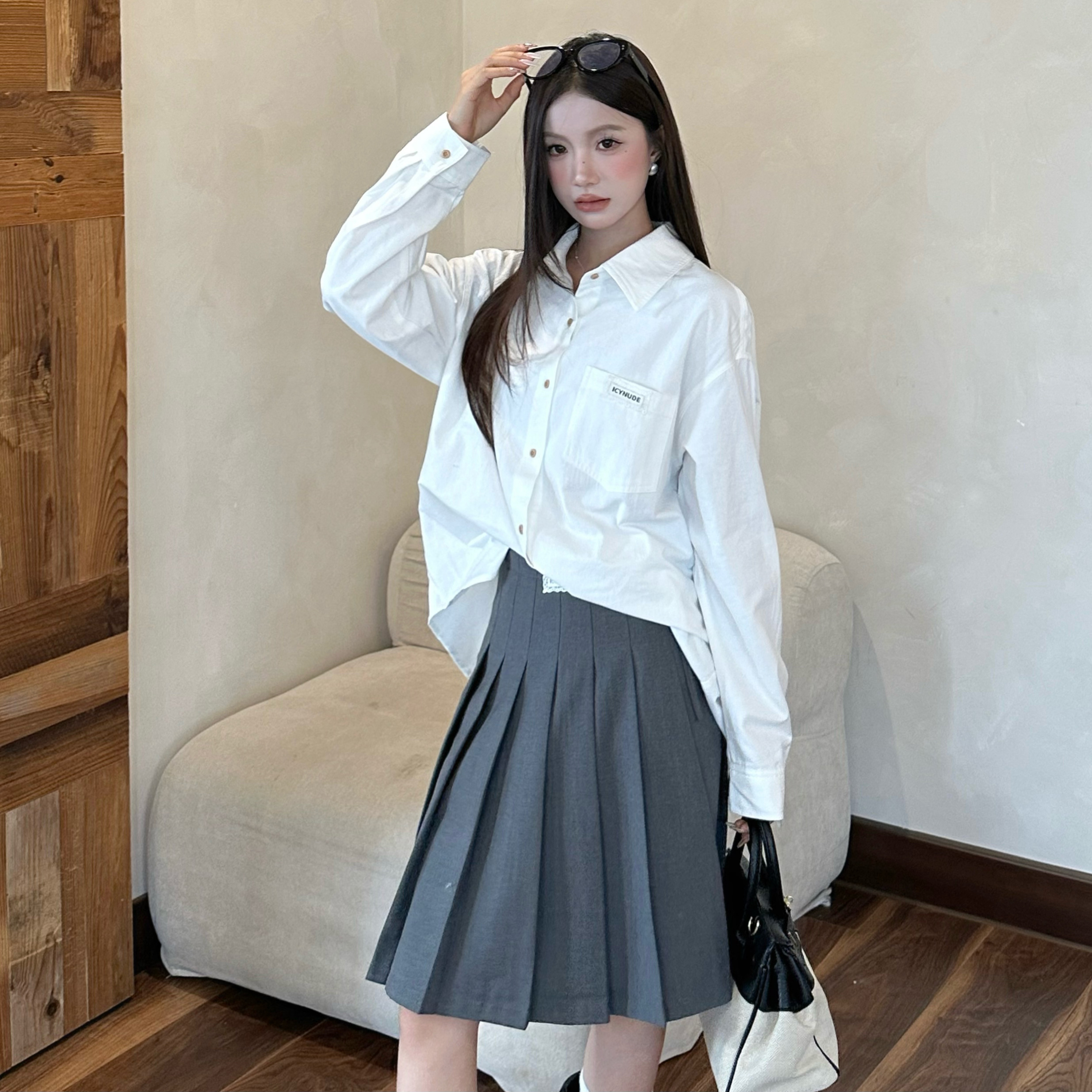 ICYNUDE官方店米杏色宽松衬衫韩版显瘦长袖衬衣时尚上衣女新款