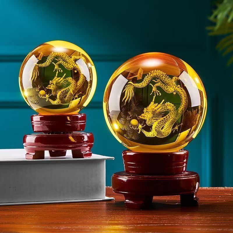 黄色水晶球摆件内雕龙转运珠客厅装饰品摆件