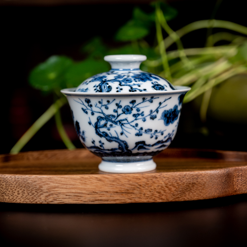 【泥火臻善】柴窑手工手绘仿明松竹梅青花二才盖碗中式复古泡茶茶具