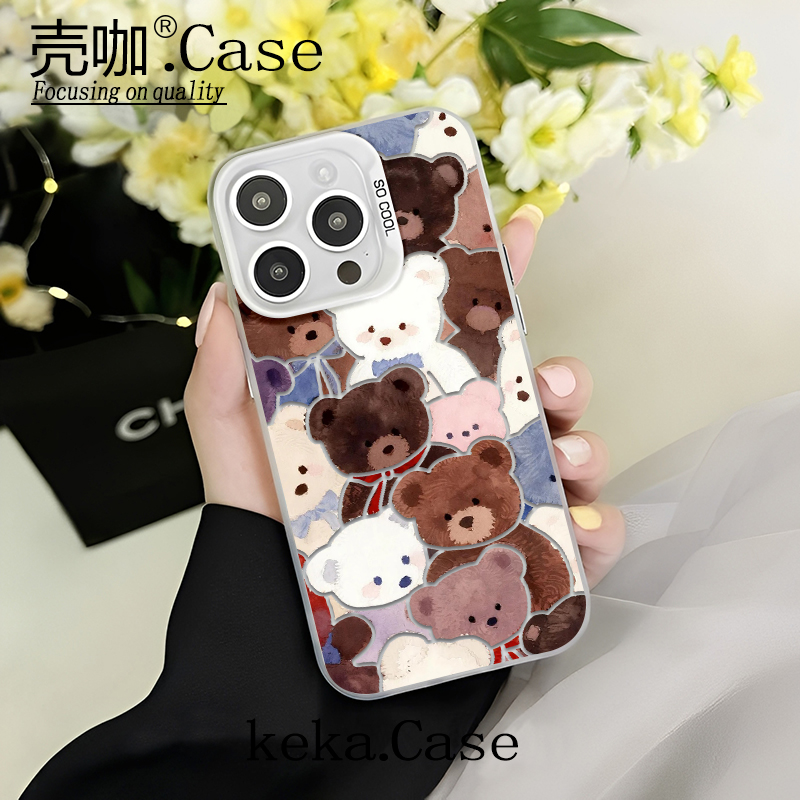可爱小熊彩银壳适用苹果17手机壳15/16pro华为oppo小米vivo女款