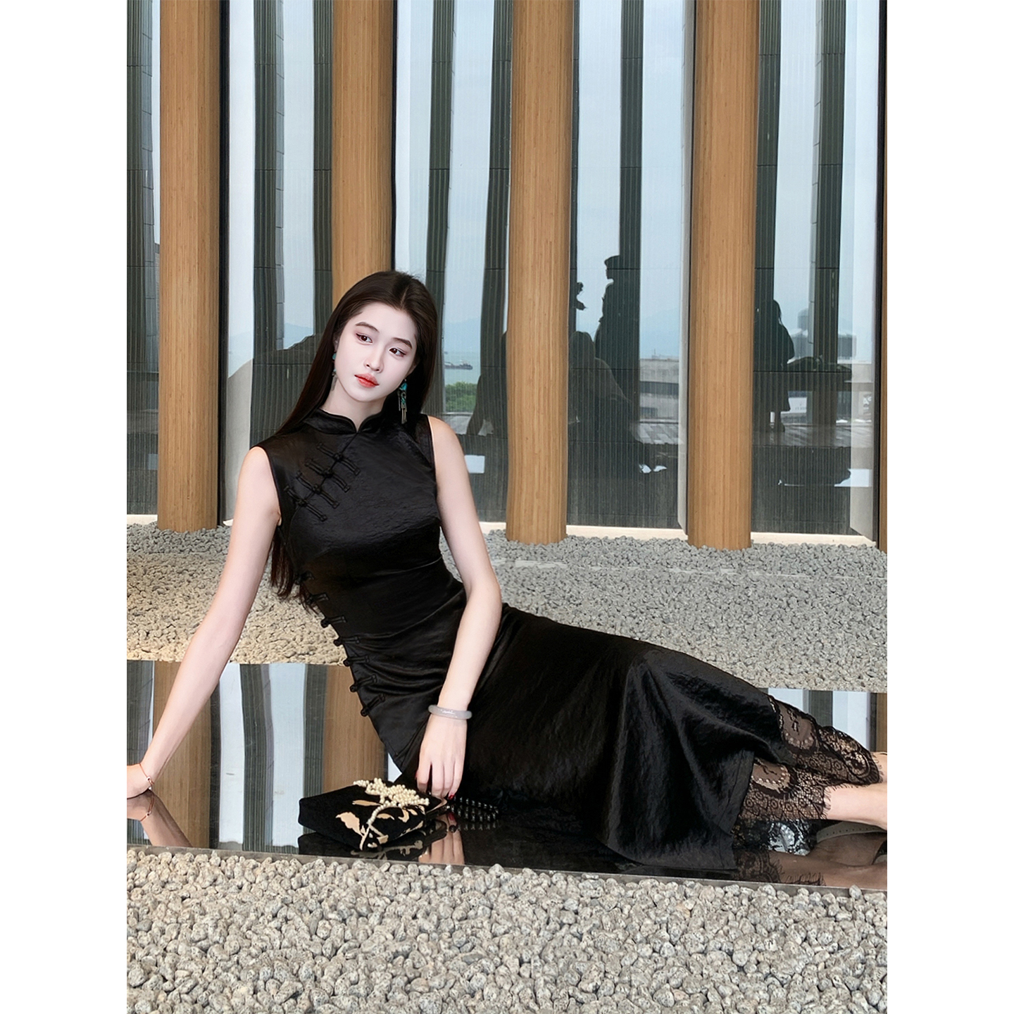 凌茜恣禾【暗香绫】国风新中式黑色手抓纹缎面连衣裙高级改良旗袍裙