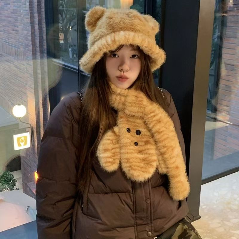 冬季女款韩版虎纹帽子围巾一套保暖加厚可爱渔夫贝雷帽