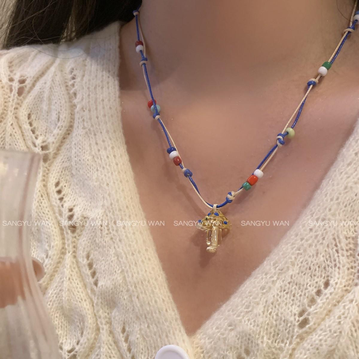 非金属棉绳项链 可爱小蘑菇吊坠长款项链女款毛编织手绳锁骨链