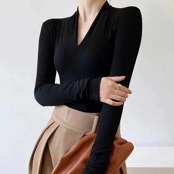 黑色修身v领长袖短袖高级感纯色打底衫衣服长袖打底时尚气质