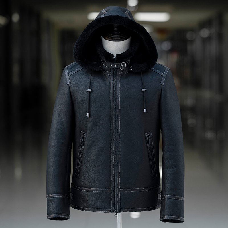 连帽原生态羊皮毛一体男冬季厚真皮毛外套翻领简约休闲皮毛一体