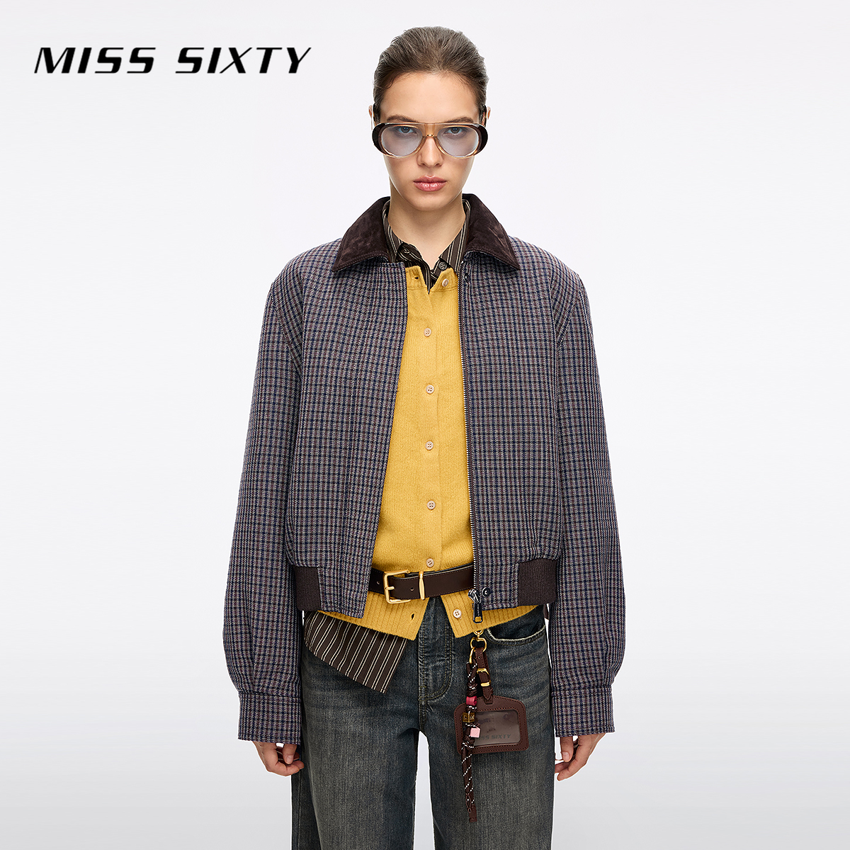 Miss Sixty2025冬季新款夹棉外套女翻领格子宽松工装夹克巴恩风厚