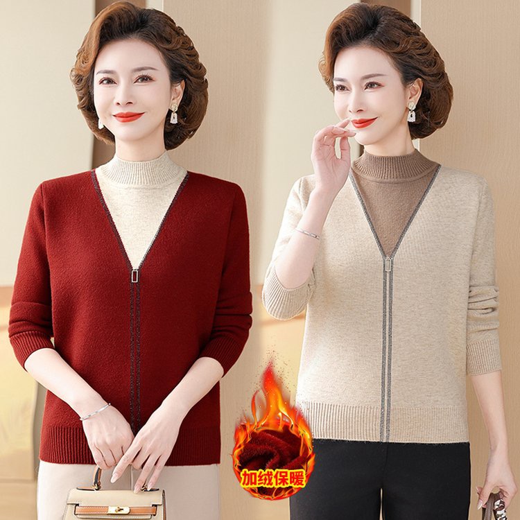 中老年女装中老年秋冬宽松针织衫保暖衫加绒妈妈装冬季加绒加厚