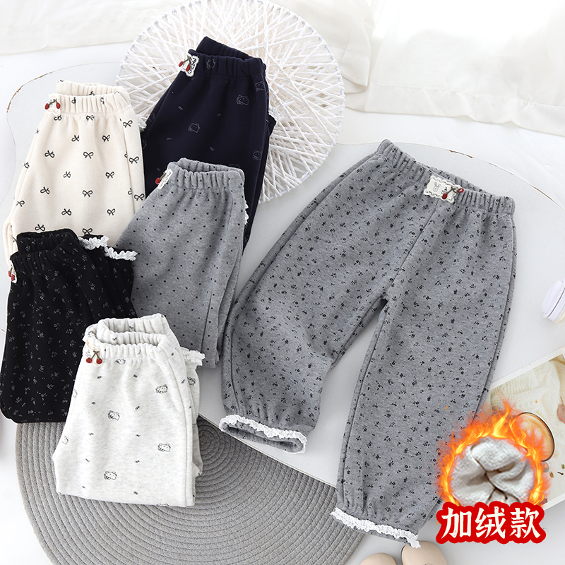 儿童加绒秋冬卫裤女童法式蕾丝花边学生休闲保暖百搭长裤子童装