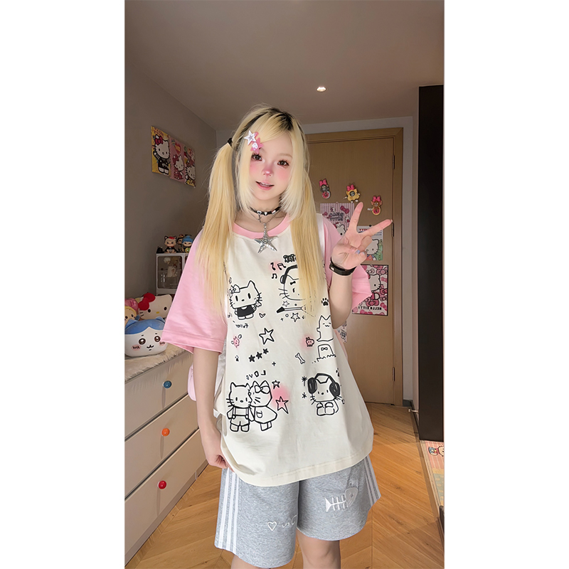 凛可爱 动漫卡通印花插肩袖上衣女夏季小众圆领宽松百搭短袖T恤