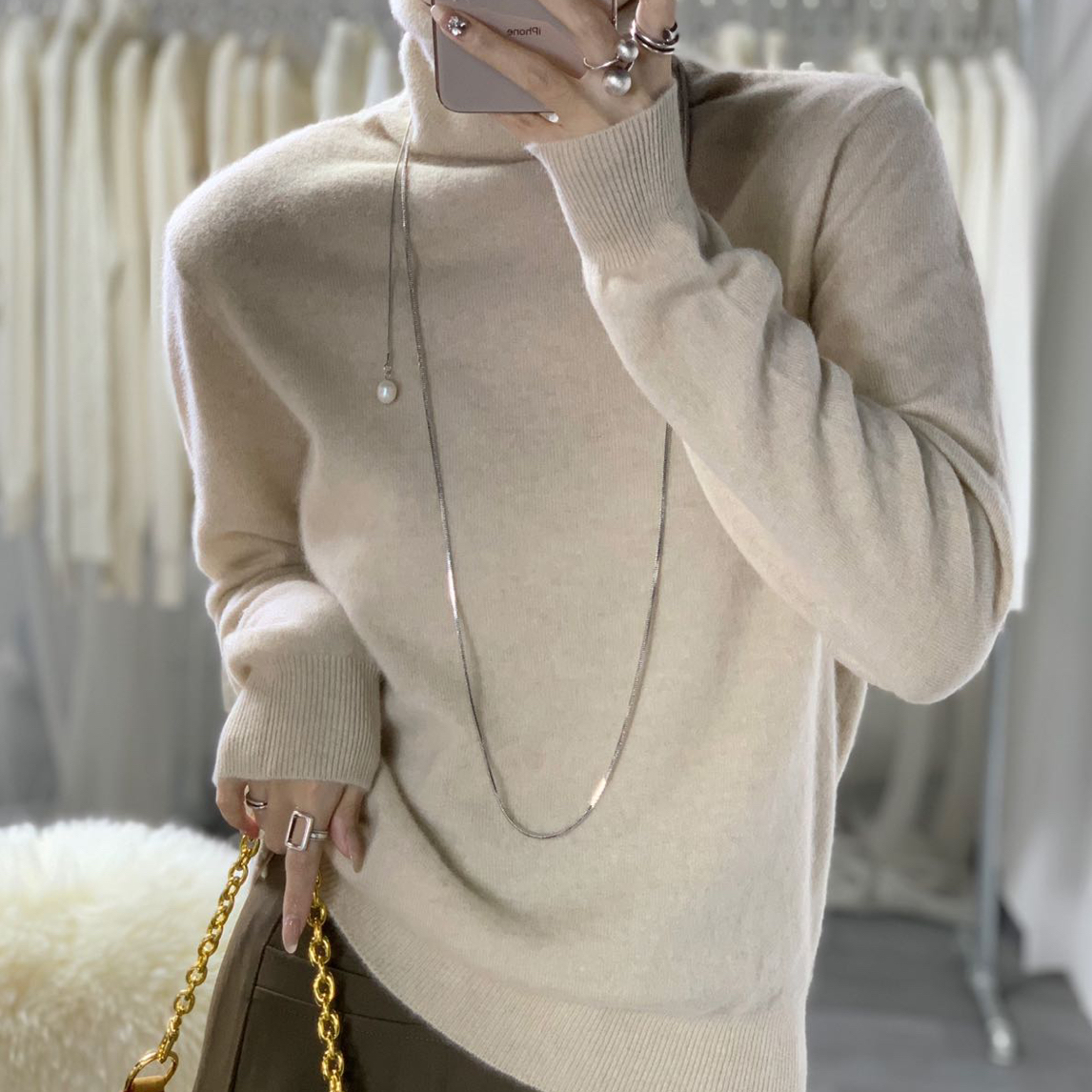 【100%山羊绒 23157】2025年秋冬新款自由堆堆领加密纯色经典打底