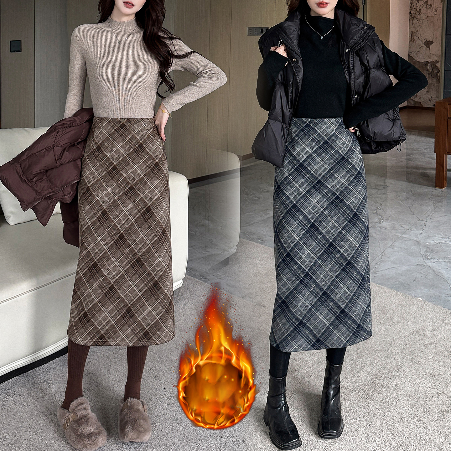 冬季加绒小个子中长款半身裙包臀裙女显瘦气质时尚格子裙格纹裙子