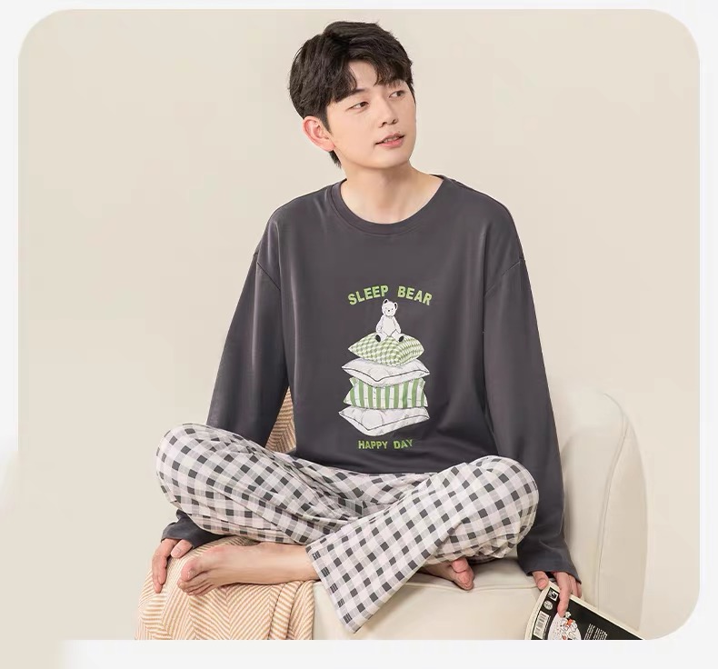春秋季男士纯棉睡衣长袖长裤睡衣套装春秋款舒适休闲宽松家居服