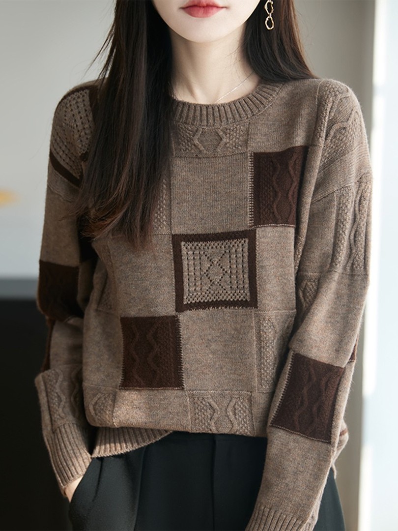 高端圆领毛衣女秋冬新款加厚针织打底衫内搭洋气宽松拼色短款上衣