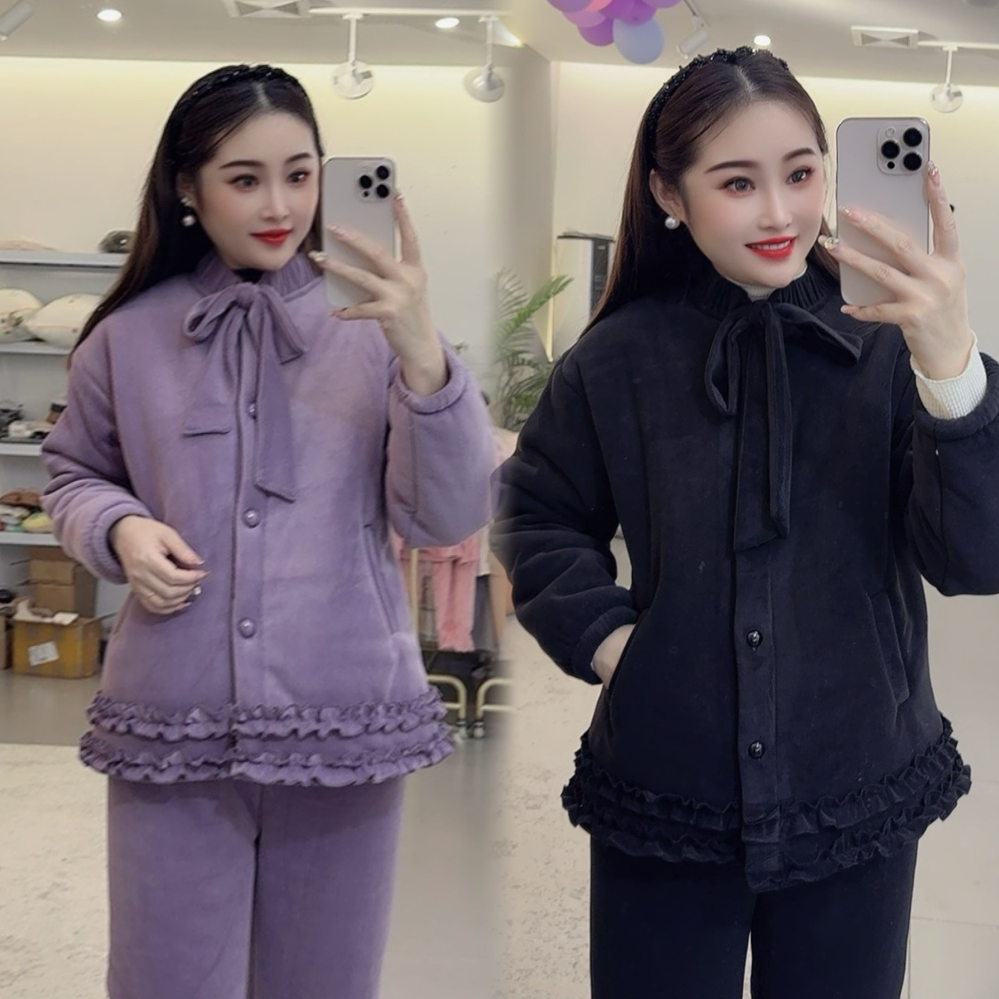 花嫂定制新款飘带花边三层加厚可外穿家居服睡衣套装8562