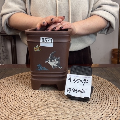 紫砂花盆紫泥竹节猫咪手绘高四方0571
