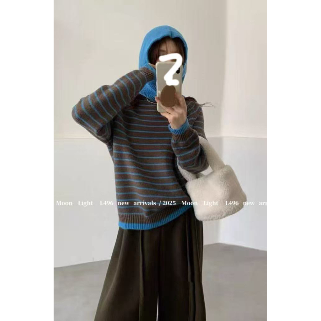 MOON（9MOL496#）可拆卸针织帽 慵懒宽松针织撞色条纹毛衣11-24