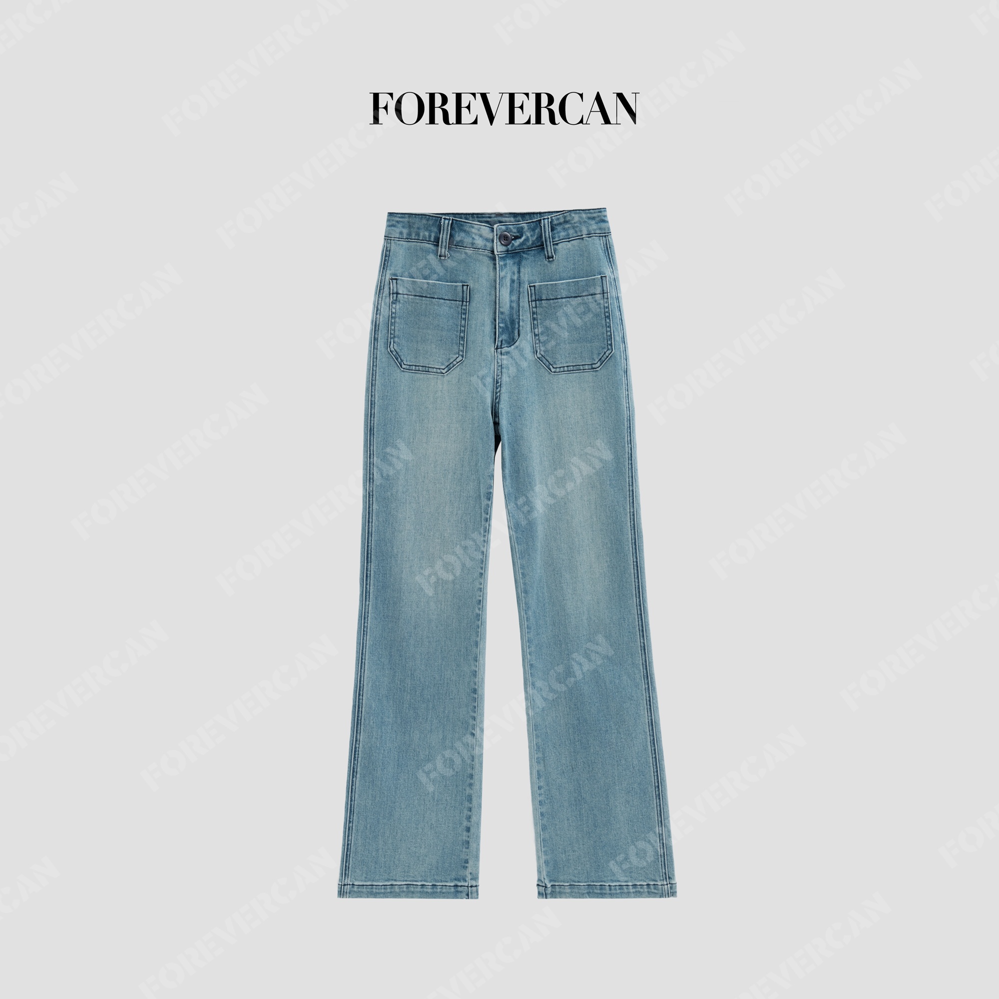 FOREVERCAN“丹宁速写”修身微喇百搭竖贴袋牛仔长裤WP30645