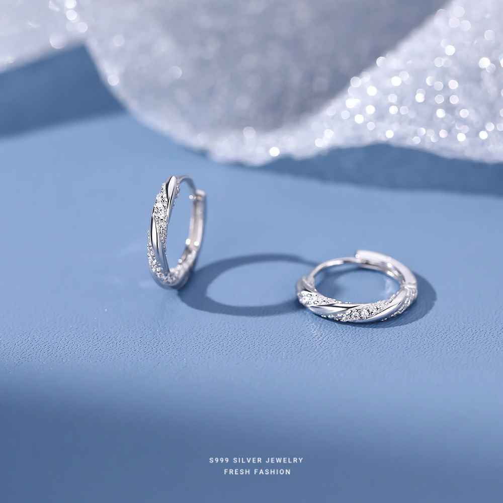 足银耳饰 999足银微镶锆石耳扣女简约螺旋缠绕纹理高级感气质耳环