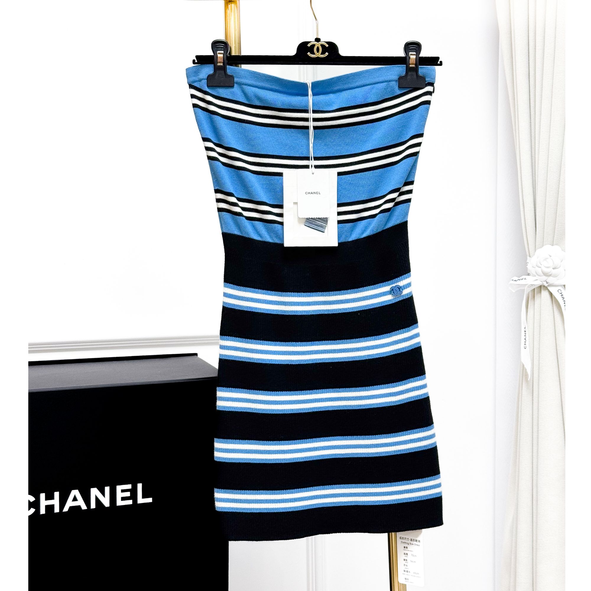 99新 Chanel/香奈儿 38码24A蓝色条纹抹胸连衣裙