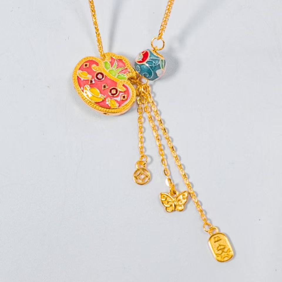 链子足银 珐琅彩钱袋套链