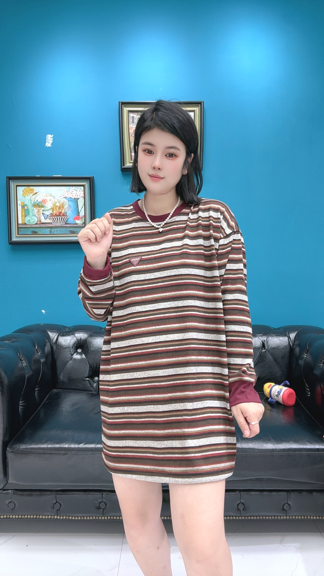 欧货秋季2025新款拼接撞色条纹长袖T恤大码女装宽松爆款显瘦上衣
