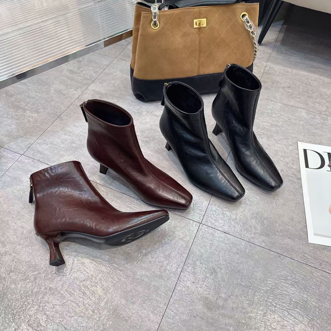 Y3509-5方头法式短靴高跟女靴靴子细跟百搭秋冬粗跟气质