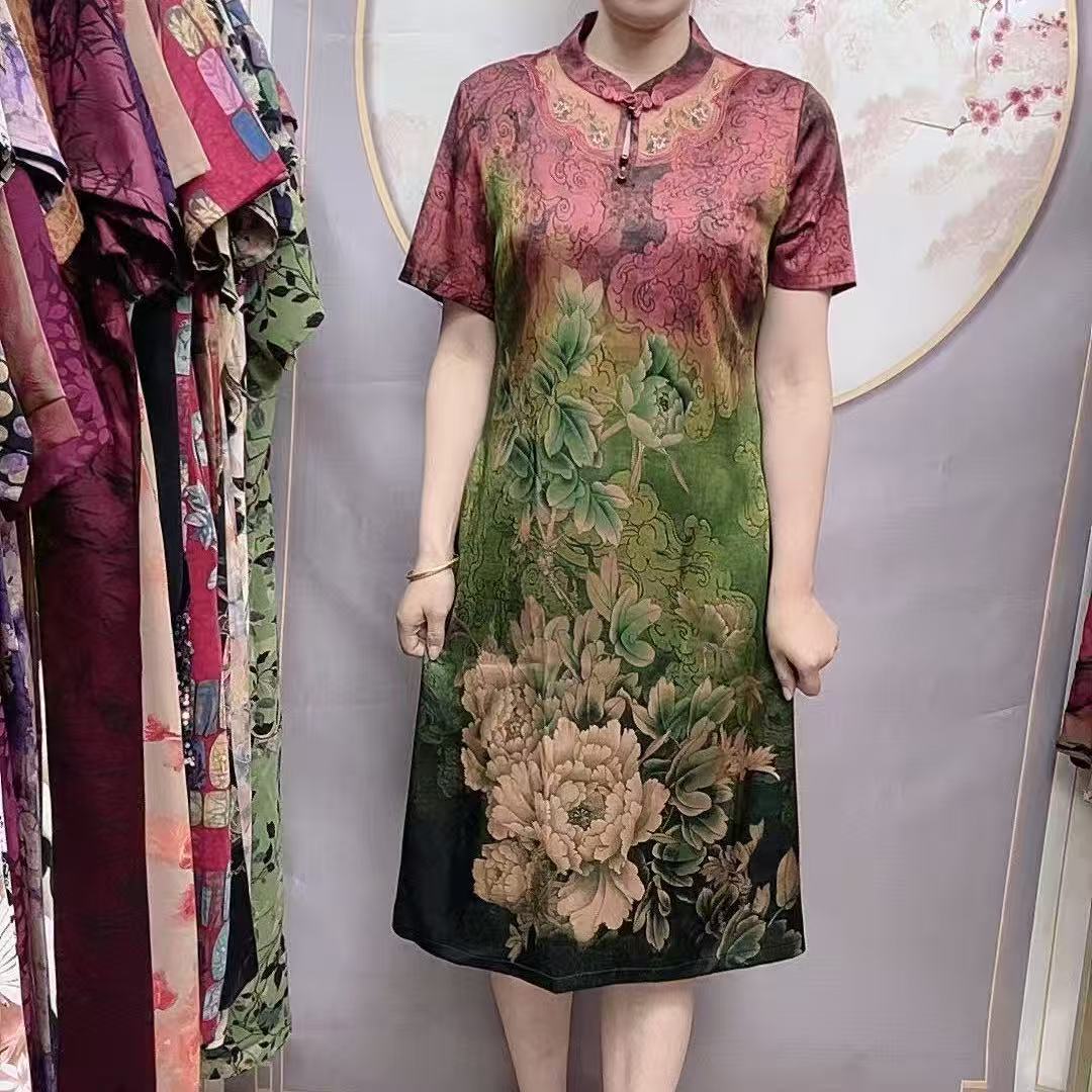 【福利红刺绣旗袍】夏季妈妈装气质中袖连衣裙洋气中年女装宽松长裙