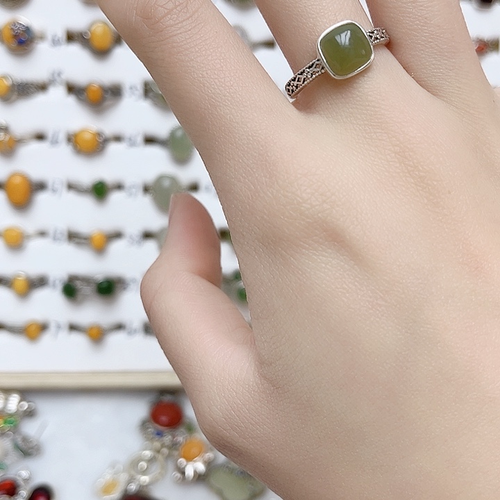 和田玉戒指银S925镶嵌天然