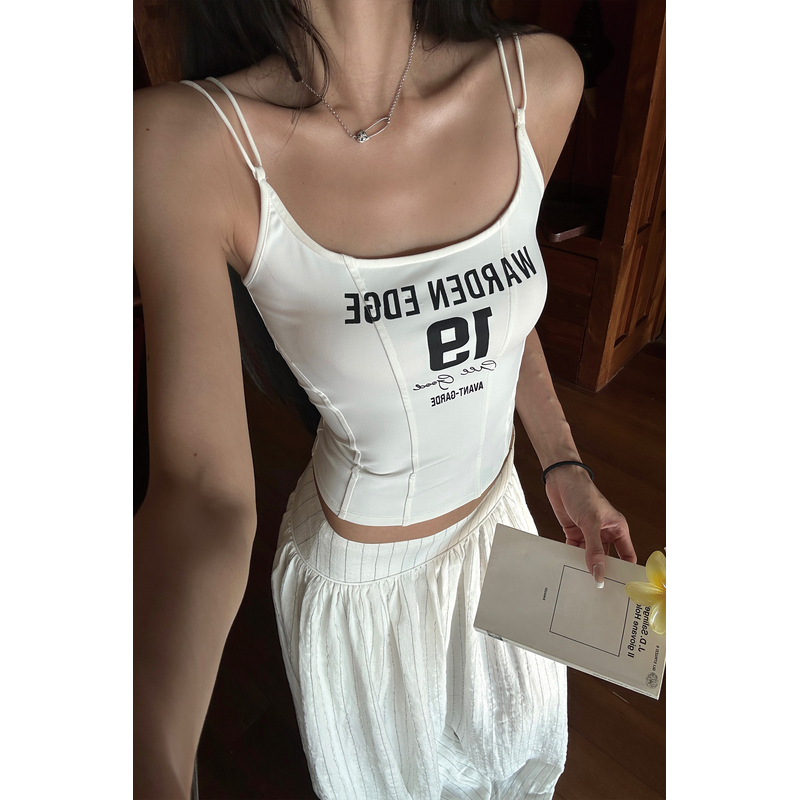 韩好甜WARDEN EDGE破局行动 白色印花吊带背心女修身显瘦外穿上衣