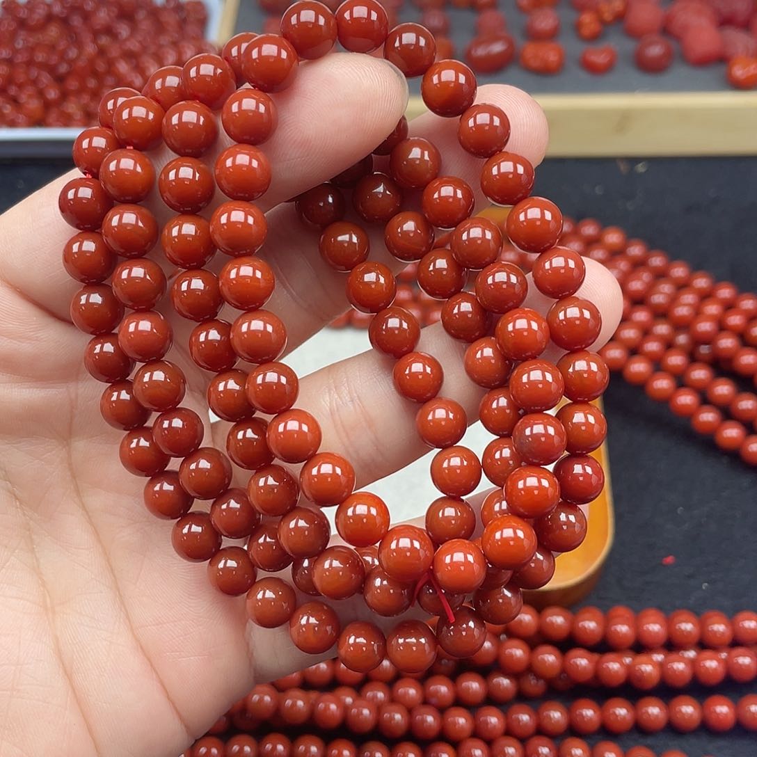 未镶嵌2号瓦西牛血红卡8圆珠108南红玛瑙