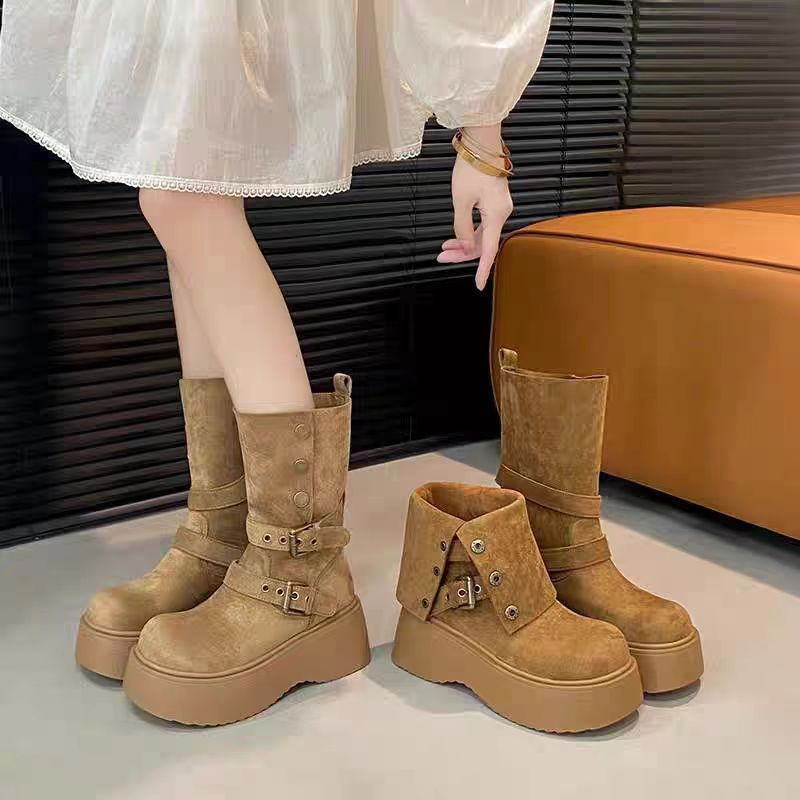 w8500-5英伦风厚底马丁靴女新款小个子显瘦百搭中筒骑士短靴