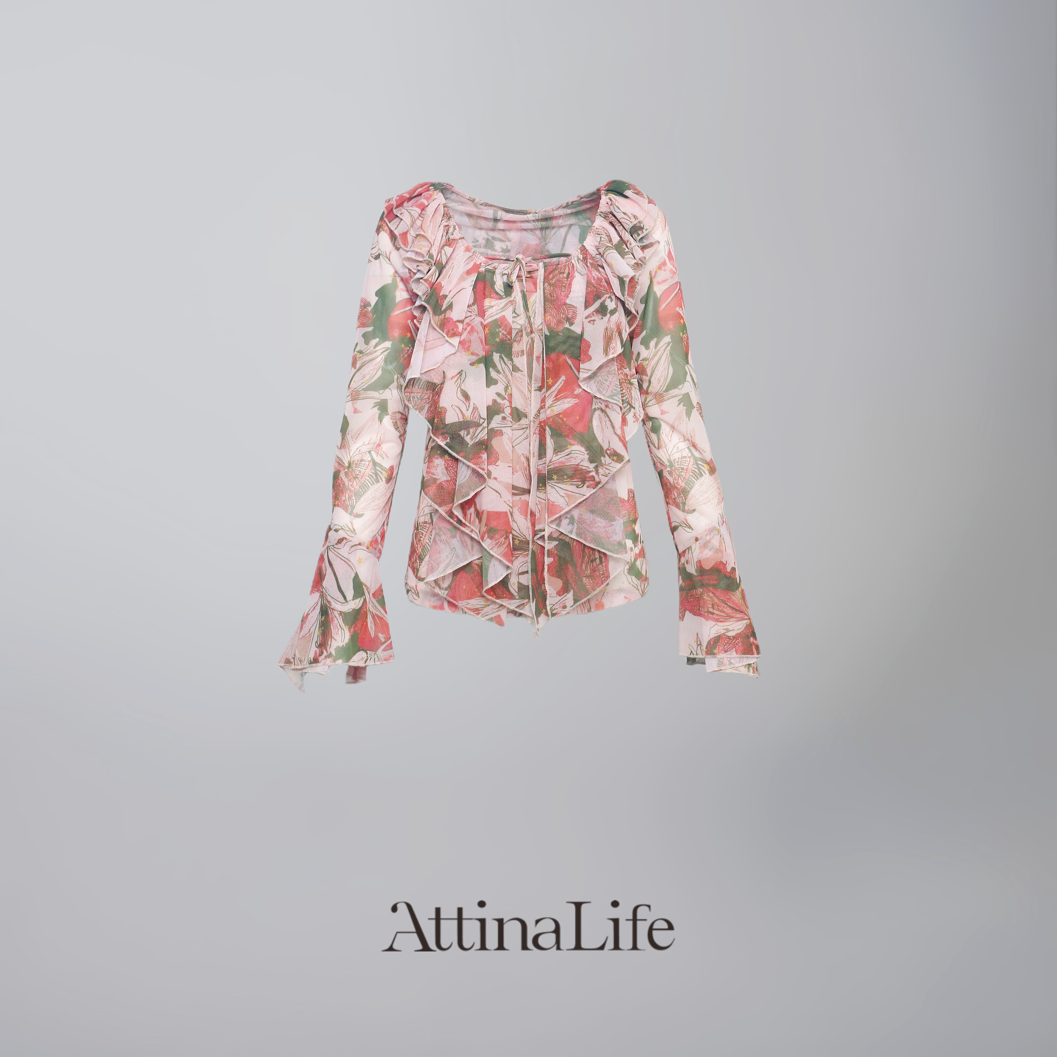 Attinalife25春夏碎花弹力网纱荷叶边圆领长袖上衣收身显瘦波西风