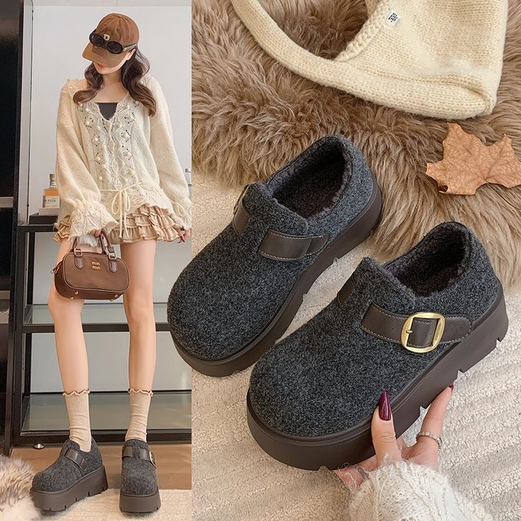 2025新款灰色系勃肯鞋秋冬加绒保暖女鞋子穆勒风棉鞋厚底板鞋休闲