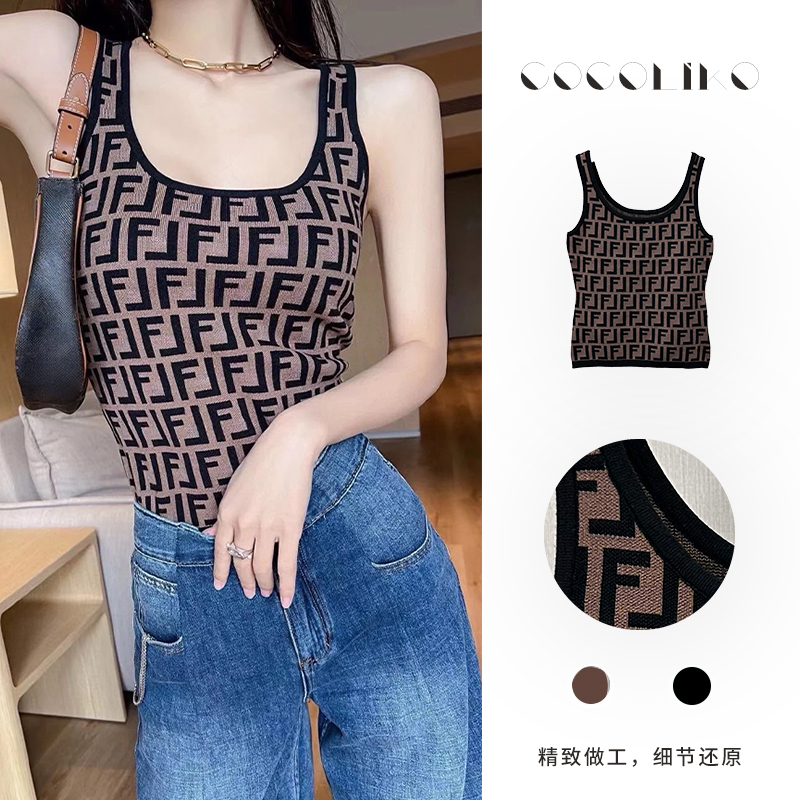 25年新款经典老花气质通勤名媛度假风宽松型针织背心吊带无袖通勤