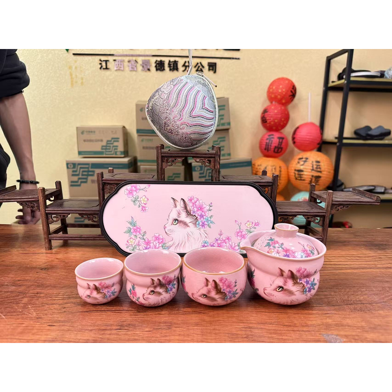 瓷也猫咪旅行套一壶两杯配主人杯配猫咪茶盘加苏绣包41822