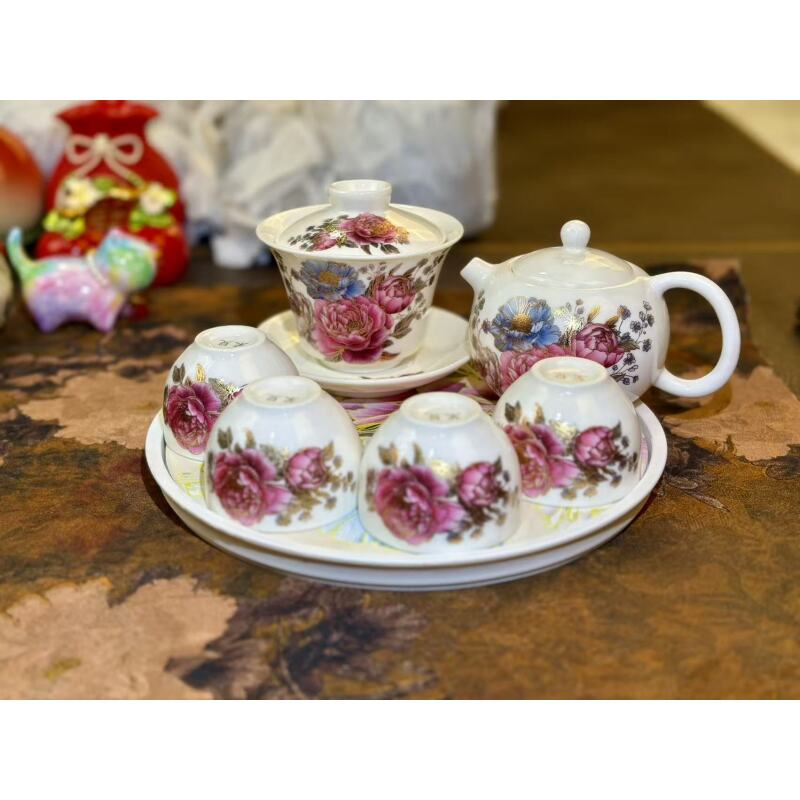 （壶+盖碗+四杯+茶盘）牡丹描金羊脂玉瓷上等高端西施壶+盖碗+4杯+