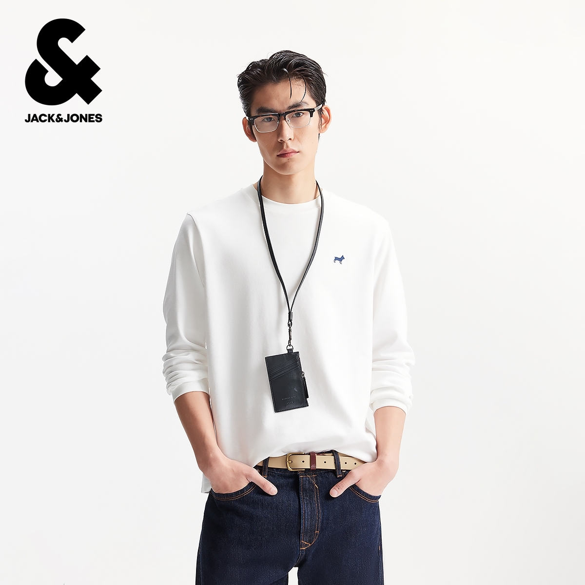 杰克琼斯秋季新款长袖T恤百搭日常休闲宽松法斗狗刺绣圆领上衣