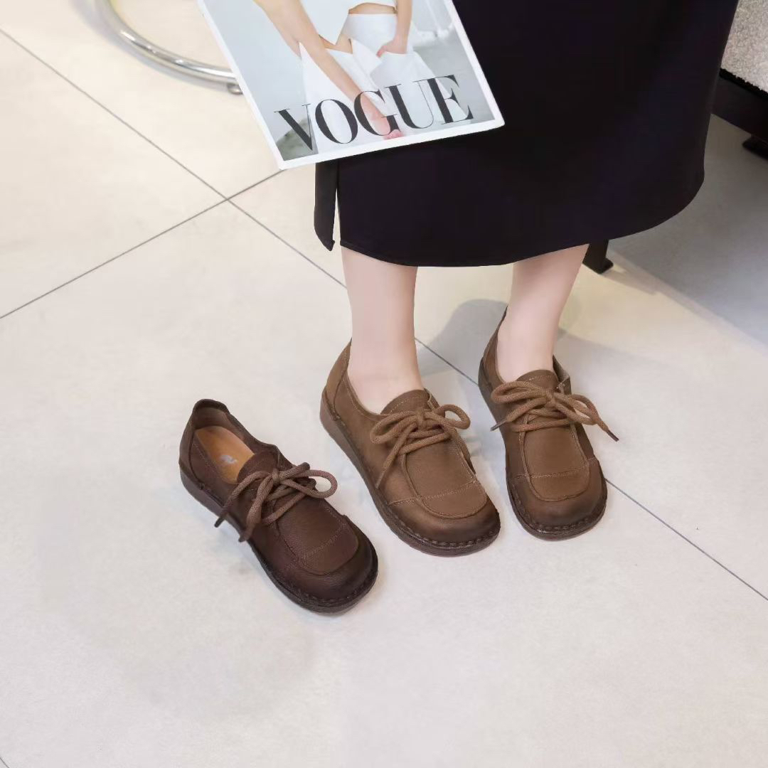 复古深口单鞋女真皮秋季新款圆头拼接软底低帮系带日常百搭厚底鞋