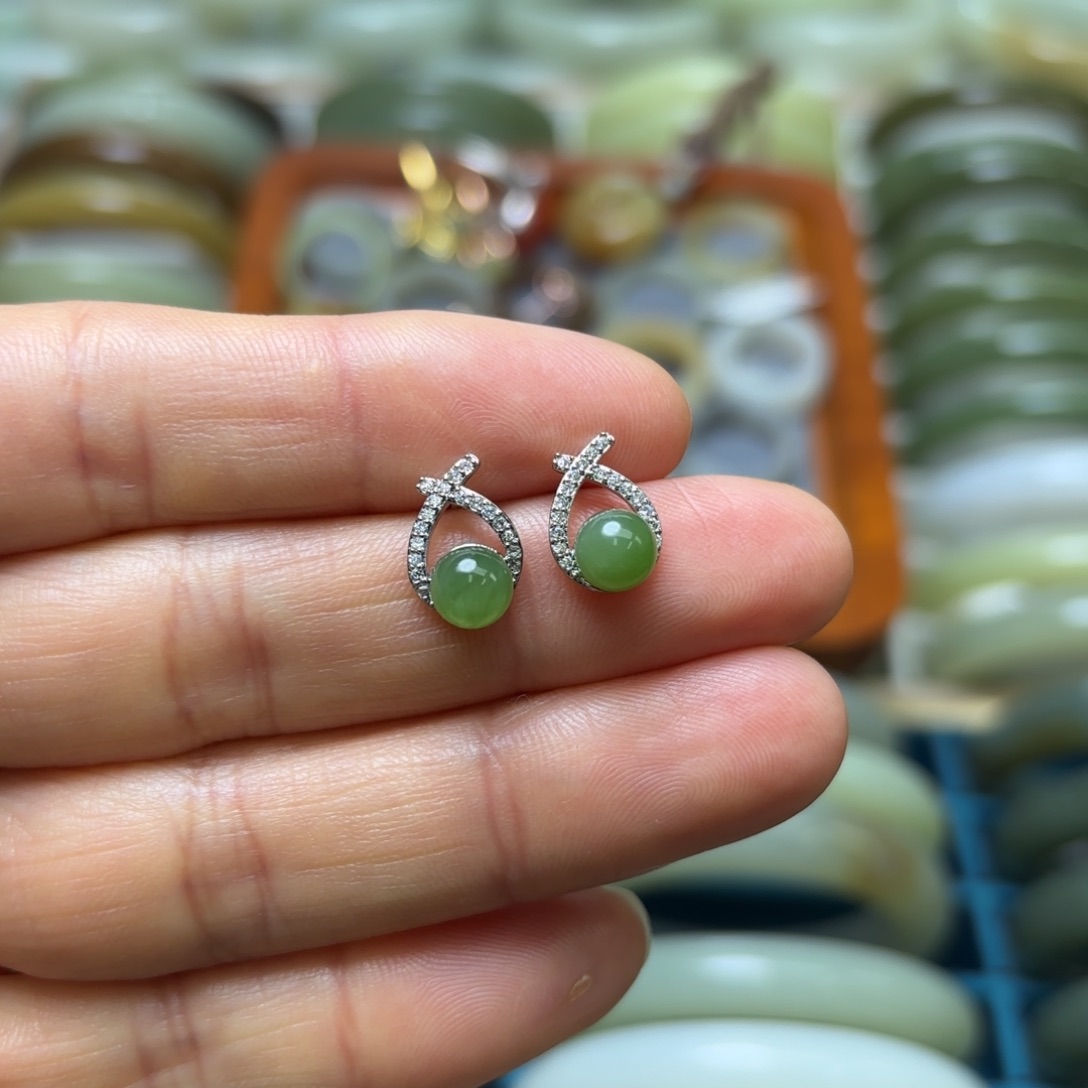 和田玉耳饰银S925镶嵌