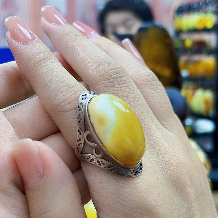 琥珀银S925镶嵌裸石戒指