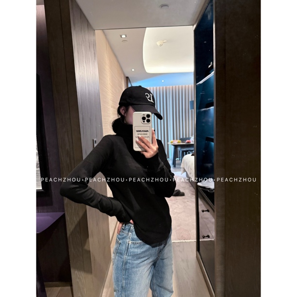 『PEACHZHOU』正肩半拉链利落合身气质显瘦立领保暖休闲打底长袖