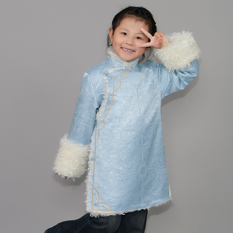 藏吧啦小孩高档中长款八达运复合刺绣棉衣冬季加绒加厚棉服外套