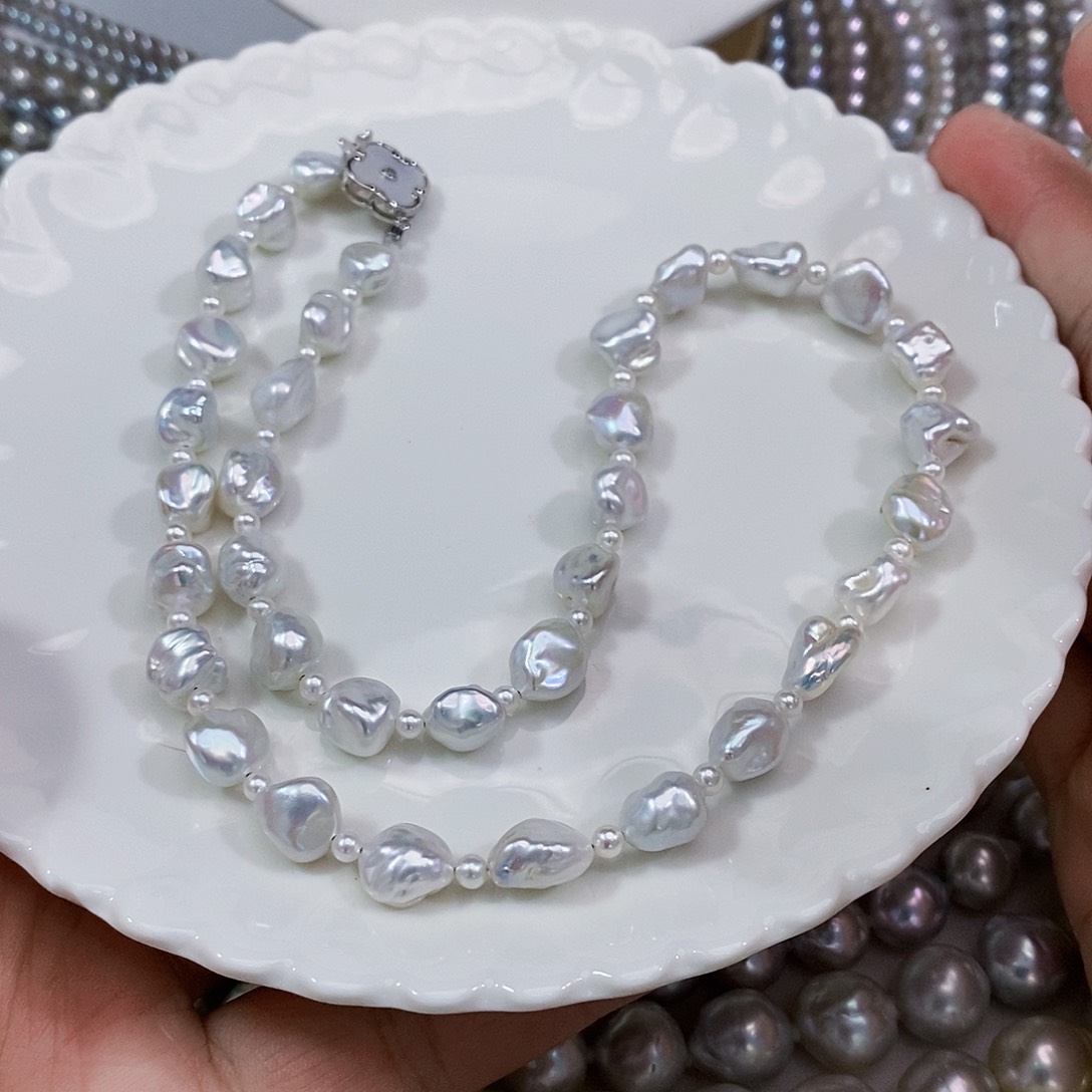 银S925镶嵌淡水珍珠淡水银蓝keshi 石头项链