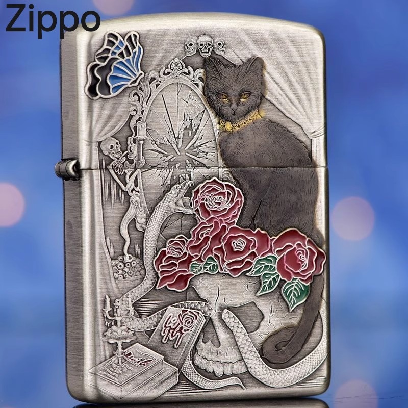 zippo打火机破镜蛇猫浮雕双面熏银盔甲复古防风火机男士礼